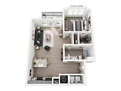 Moonraker 1-bedroom, 1-bathroom apartment at Nook Nine in Indianapolis, IN 46240, featuring an expansive open living area, gourmet kitchen with a breakfast bar, private balcony, and a generous walk-in closet, blending comfort and style near Keystone at the Crossing.